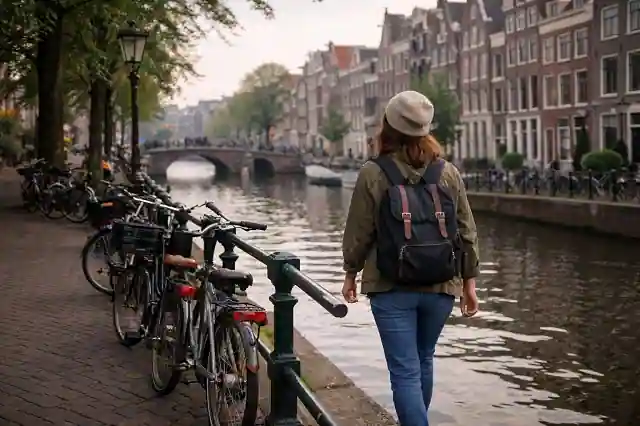 solo female traveler walking beside Amsterdam canals