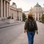 solo traveler walking near classical buildings in Vienna