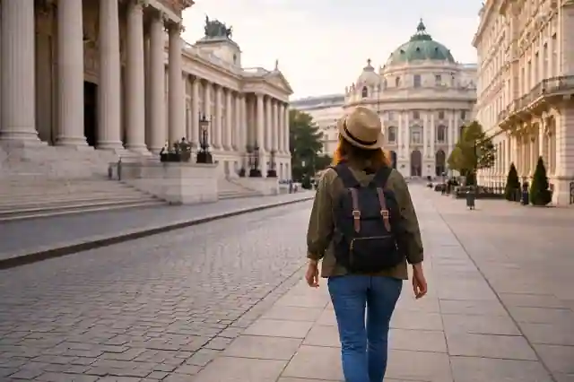 solo traveler walking near classical buildings in Vienna