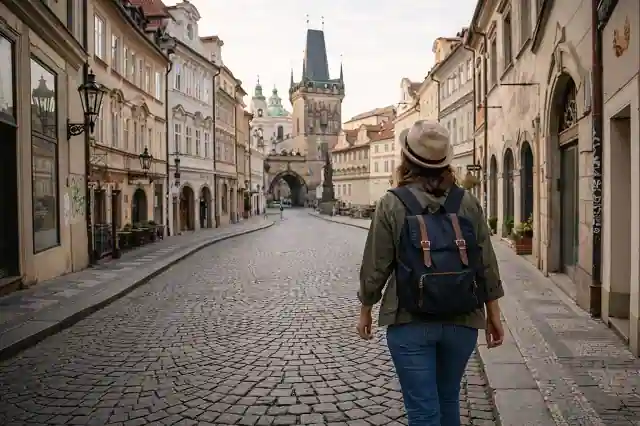 solo traveler walking on Prague's historic streets