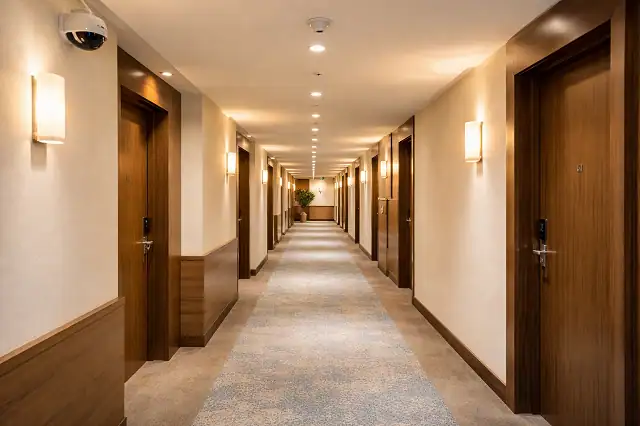 Modern hotel corridor with security cameras